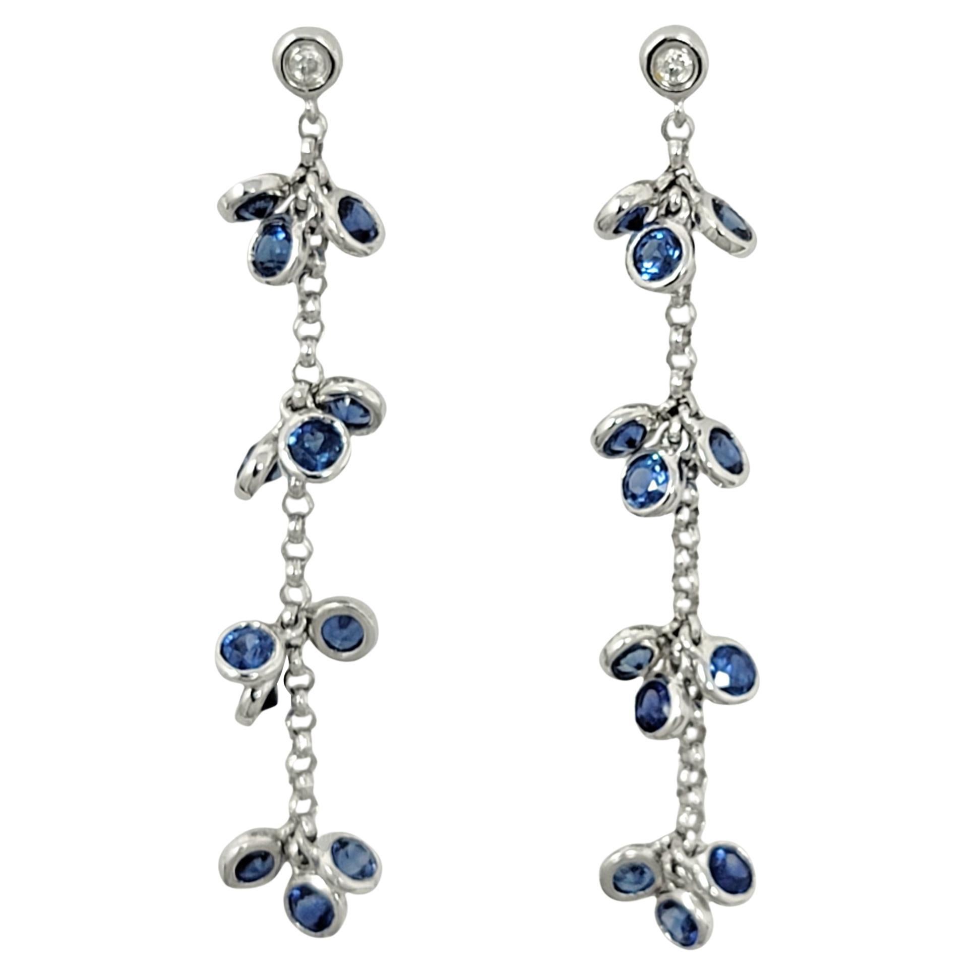 Natural Sapphire and Diamond Drop Dangle Station Pierced Earrings in White Gold For Sale