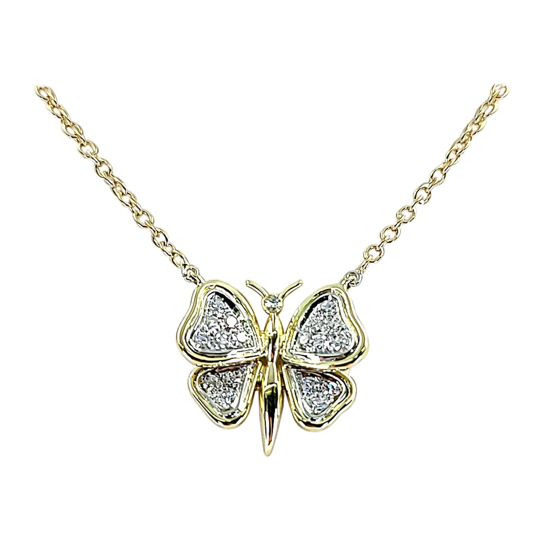 Yellow Gold Diamond Butterfly Necklace For Sale