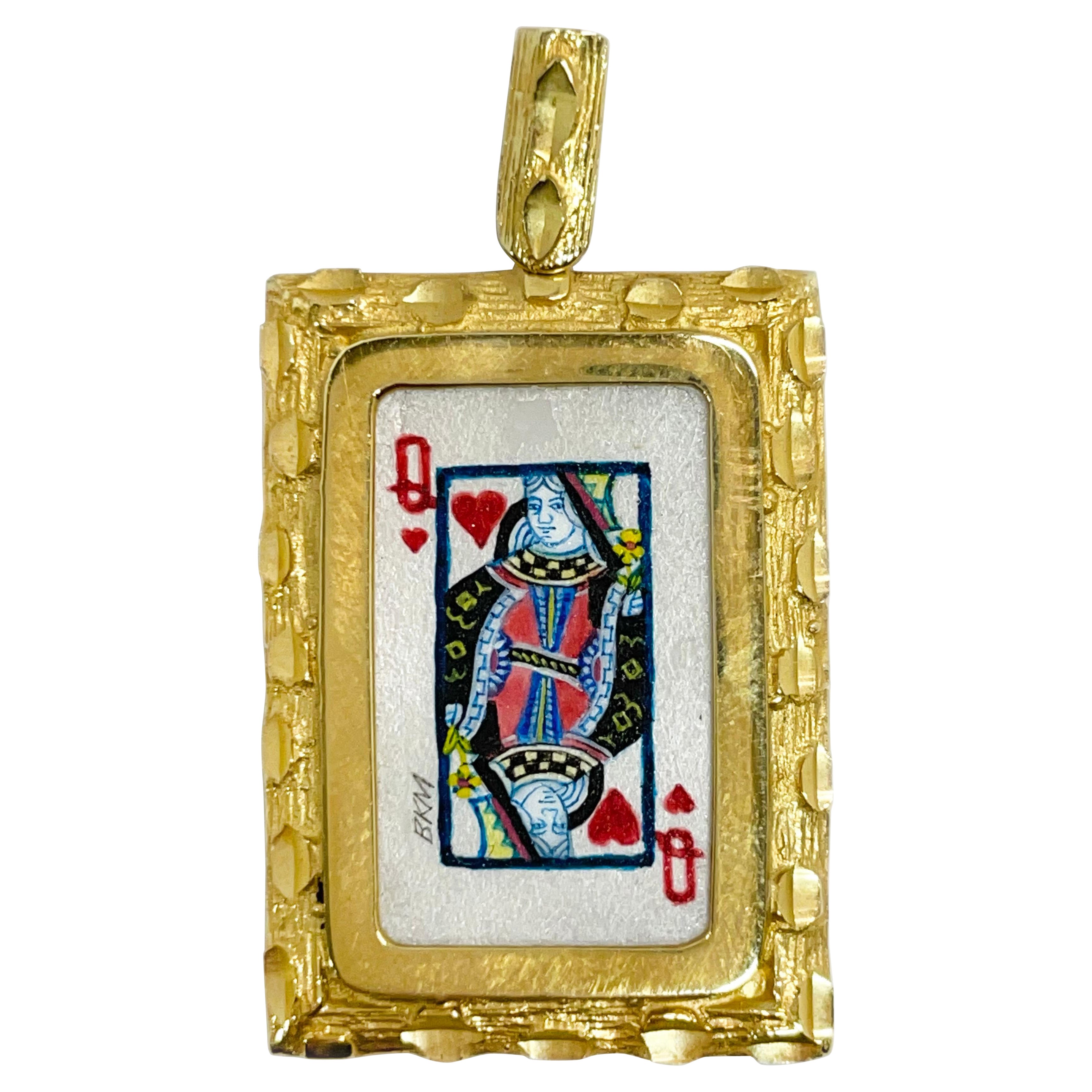 14 Karat Yellow Gold Queen of Hearts Masterpiece Hand Painted MOP Pendant #800 For Sale