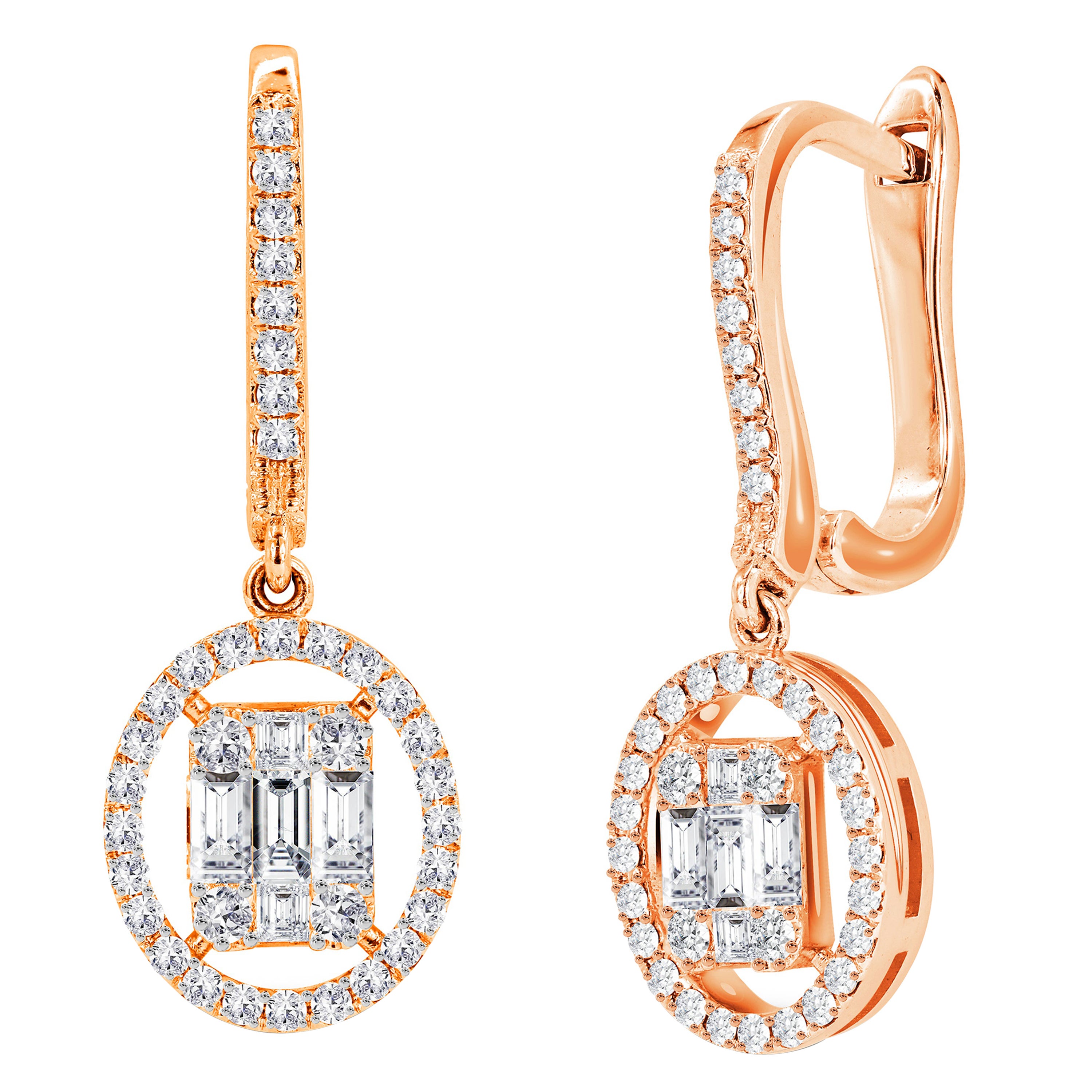 1.19ct Diamond Baguette and Round Cut Diamond Dangle Earrings in 18k Gold For Sale