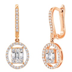 Boucles d'oreilles à levier en or 14k avec diamant baguette et diamant rond de 1,19ct