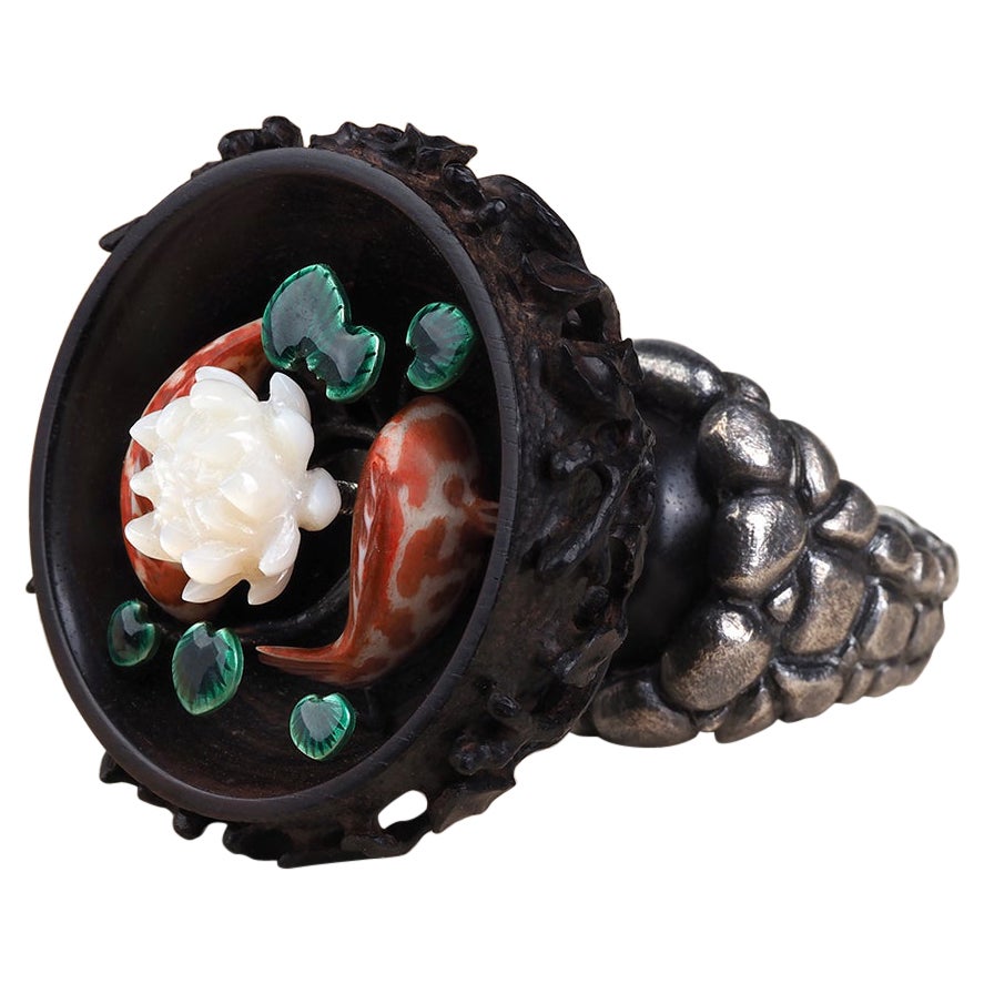 White Lotus Ring Carved Black Wood Nacre Ring Collectible Piece For Sale
