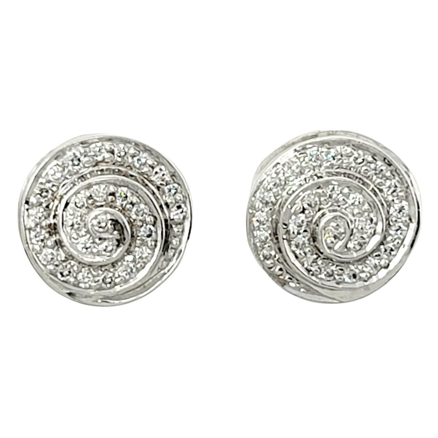 Round Diamond Pave Circle Swirl Stud Pierced Earrings 14 Karat White Gold