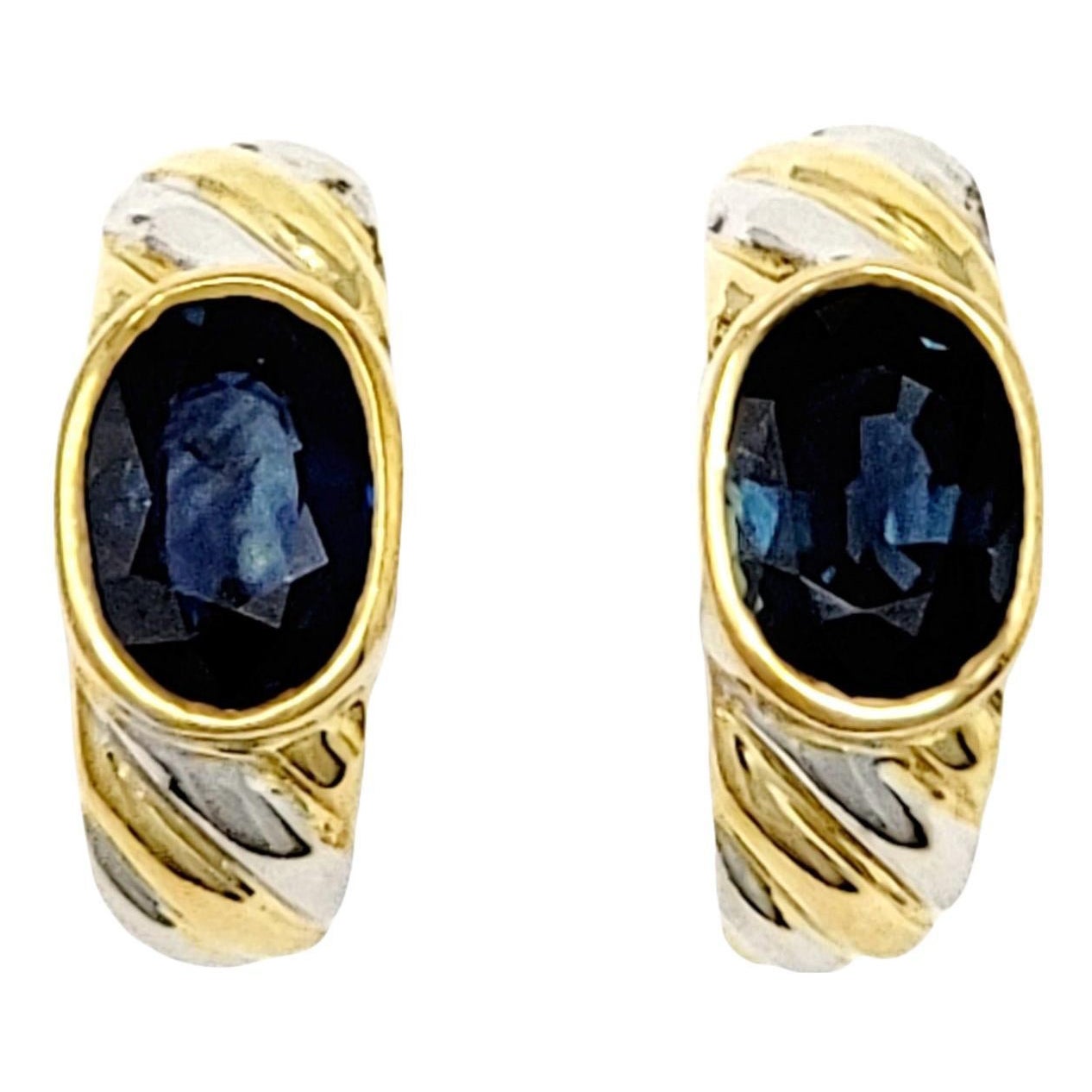 Oval Cut Sapphire Half-Hoop Twist Earrings in 18 Karat Yellow and White Gold For Sale