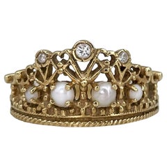 Vintage 18 Karat Gold Diamond Pearl Openwork Half Crown Ring