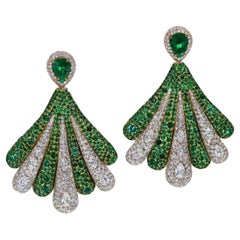 Rosior Contemporary Yellow Gold Drop Earrings Set with Emeralds and Diamonds