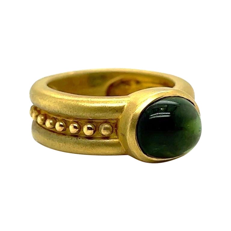 Cabochon Green Tourmaline 18KT Gold Ring with Bead Detail For Sale