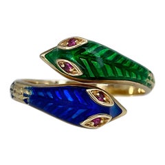 Mid Century 18 Karat Gold Ruby Blue Green Guilloche Enamel Double Snake Ring