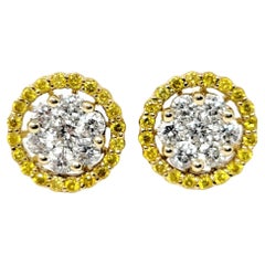 Yellow Gold Round Diamond Cluster Stud Earrings with Yellow Diamond Halo Jackets