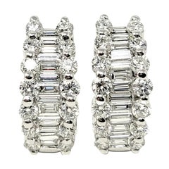 Round and Baguette Diamond Huggie Half-Hoop Pierced Earrings in 14 Karat Gold