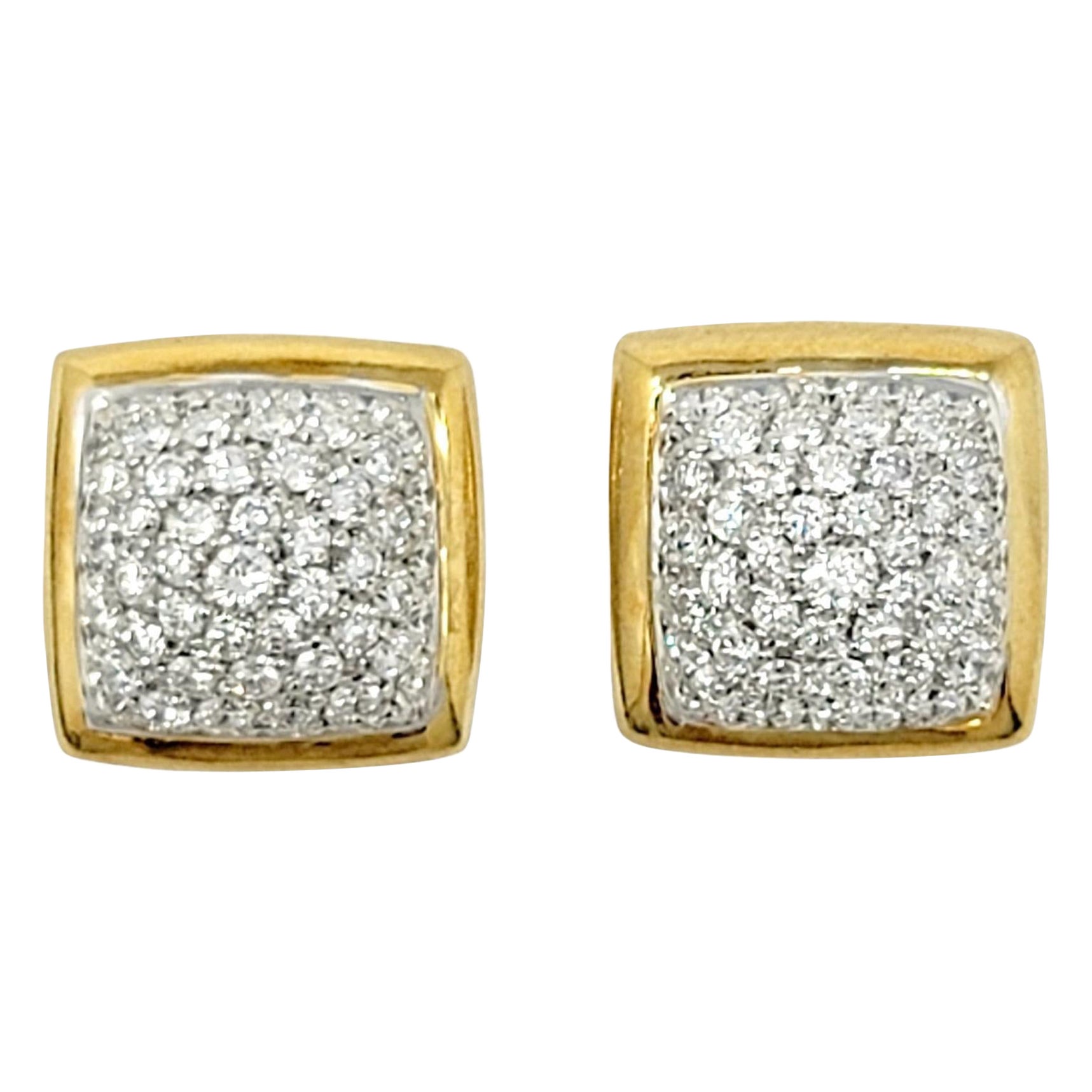 1.75 Carat Total Diamond Pave Dome Square Stud Earrings Two-Tone 18 Karat Gold For Sale