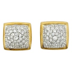 1.75 Carat Total Diamond Pave Dome Square Stud Earrings Two-Tone 18 Karat Gold