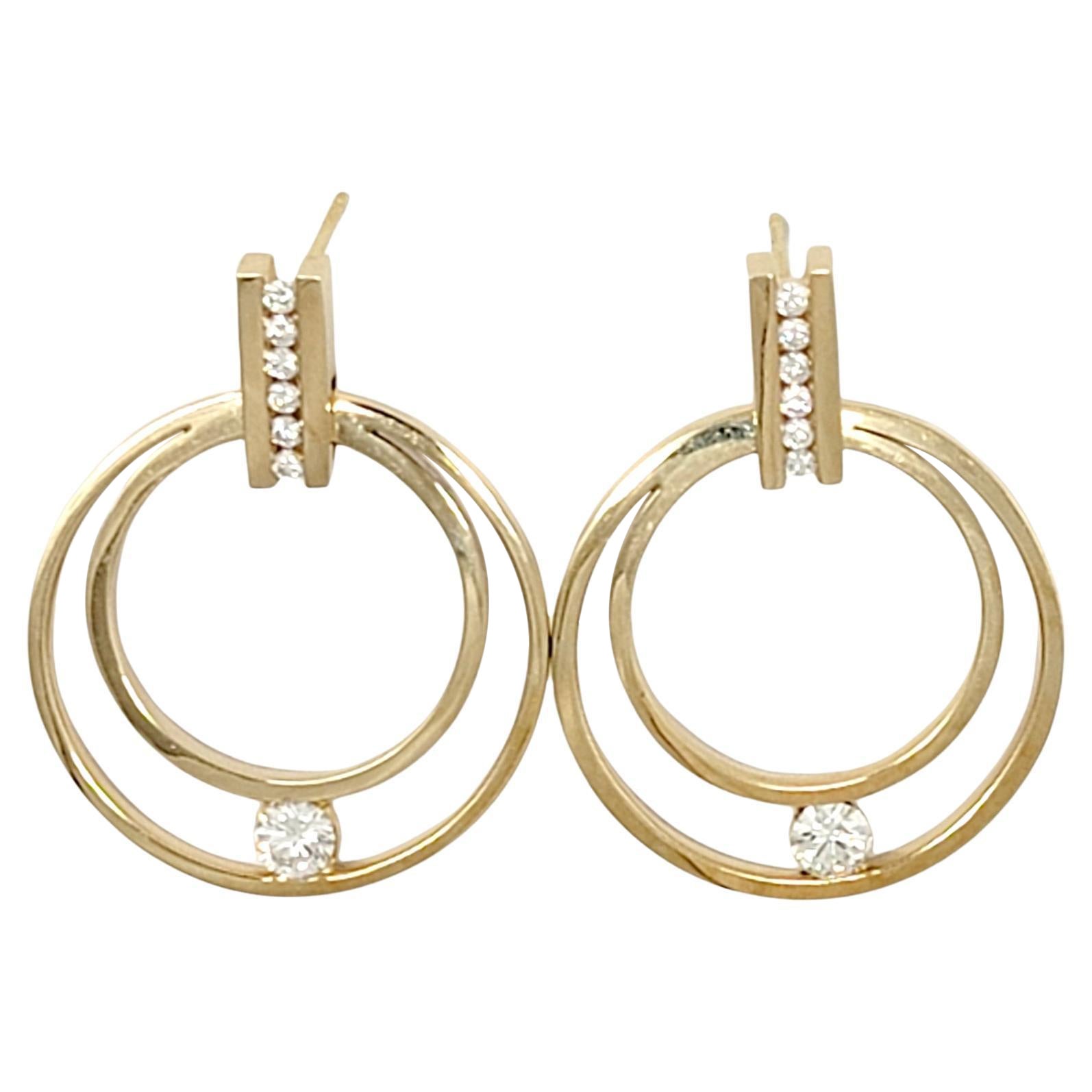 Gauthier Diamond Double Circle Pierced Earrings in 14 Karat Yellow Gold For Sale