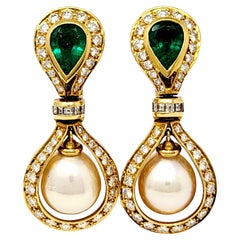 Vintage Cultured Pearl, Diamond and Emerald Dangle Earrings in 18 Karat Yellow Gold