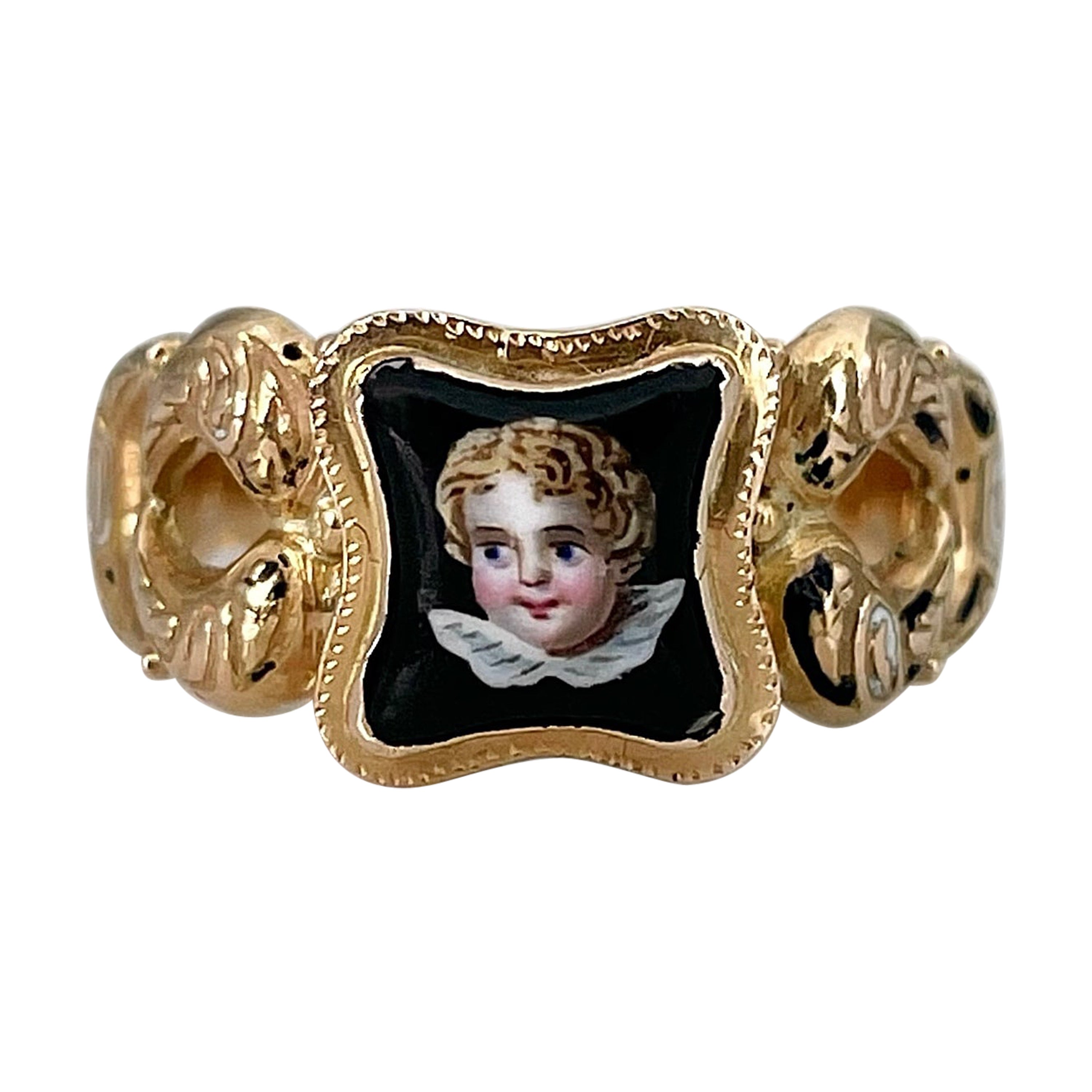 Late 18th Century 18 Karat Gold Miniature Portrait Enamel Ring
