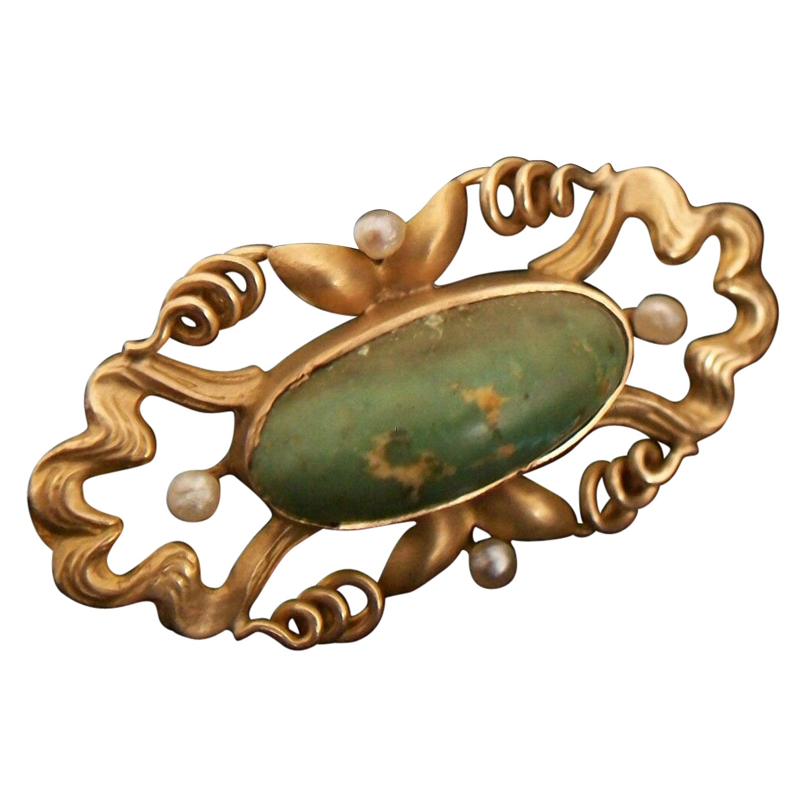 Art Nouveau Turquoise & Baroque Pearl Brooch, 14K Gold, Signed, Circa 1900