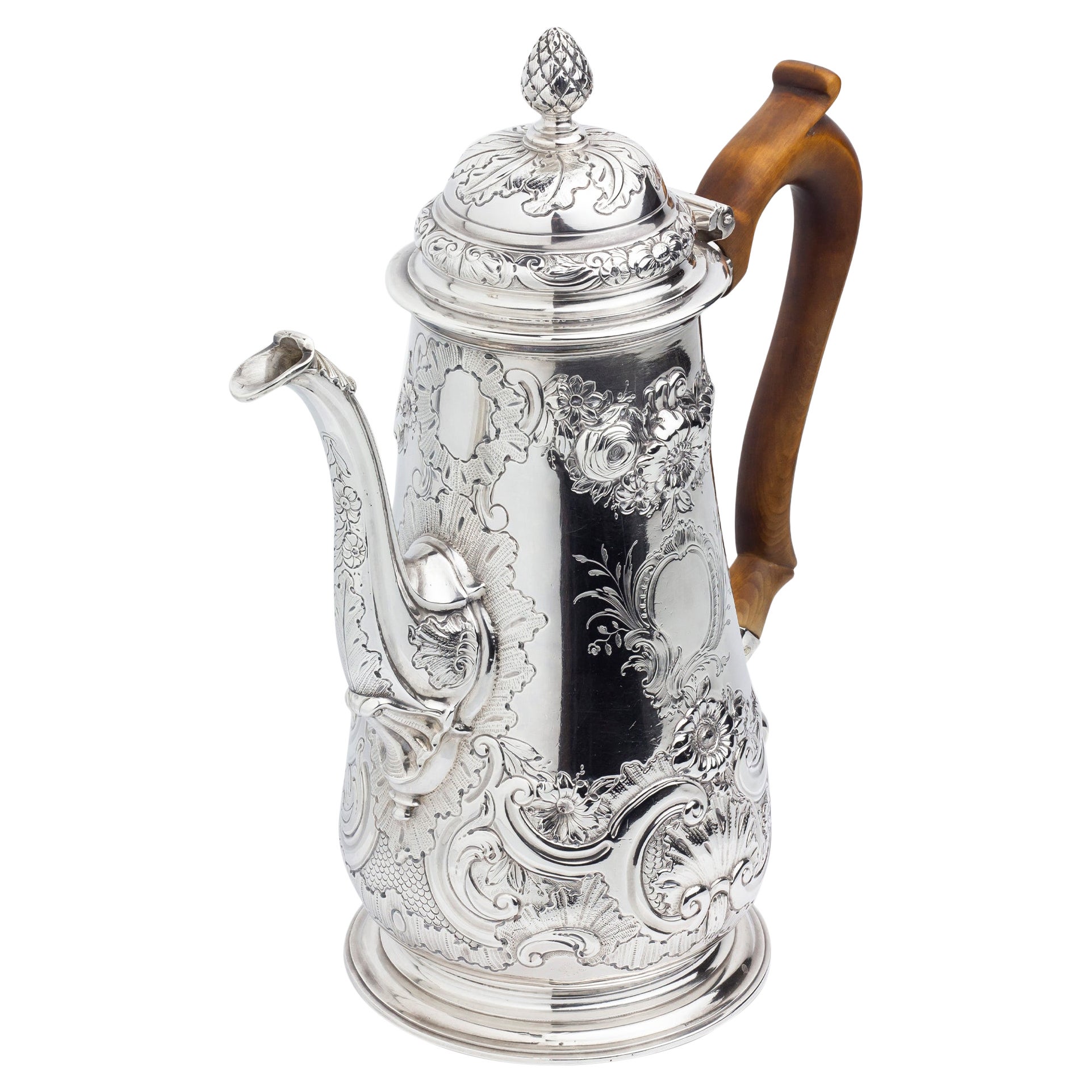 George II Sterling Silver Coffee Pot with Timber Handle For Sale