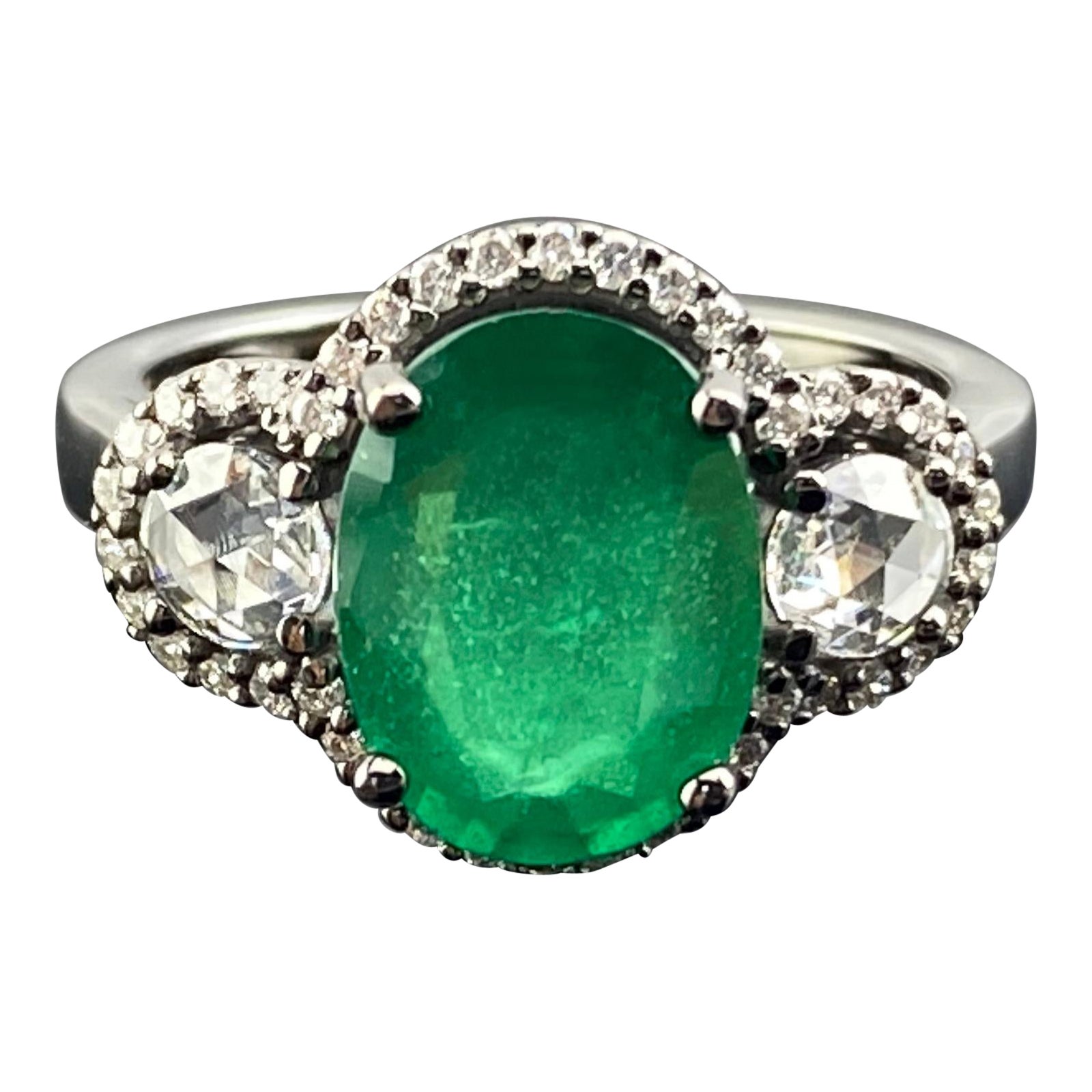 Art Deco 3.01 Carat Zambian Oval Emerald & Diamond Engagement Ring For Sale