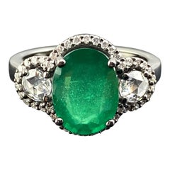 Art Deco 3.01 Carat Zambian Oval Emerald & Diamond Engagement Ring