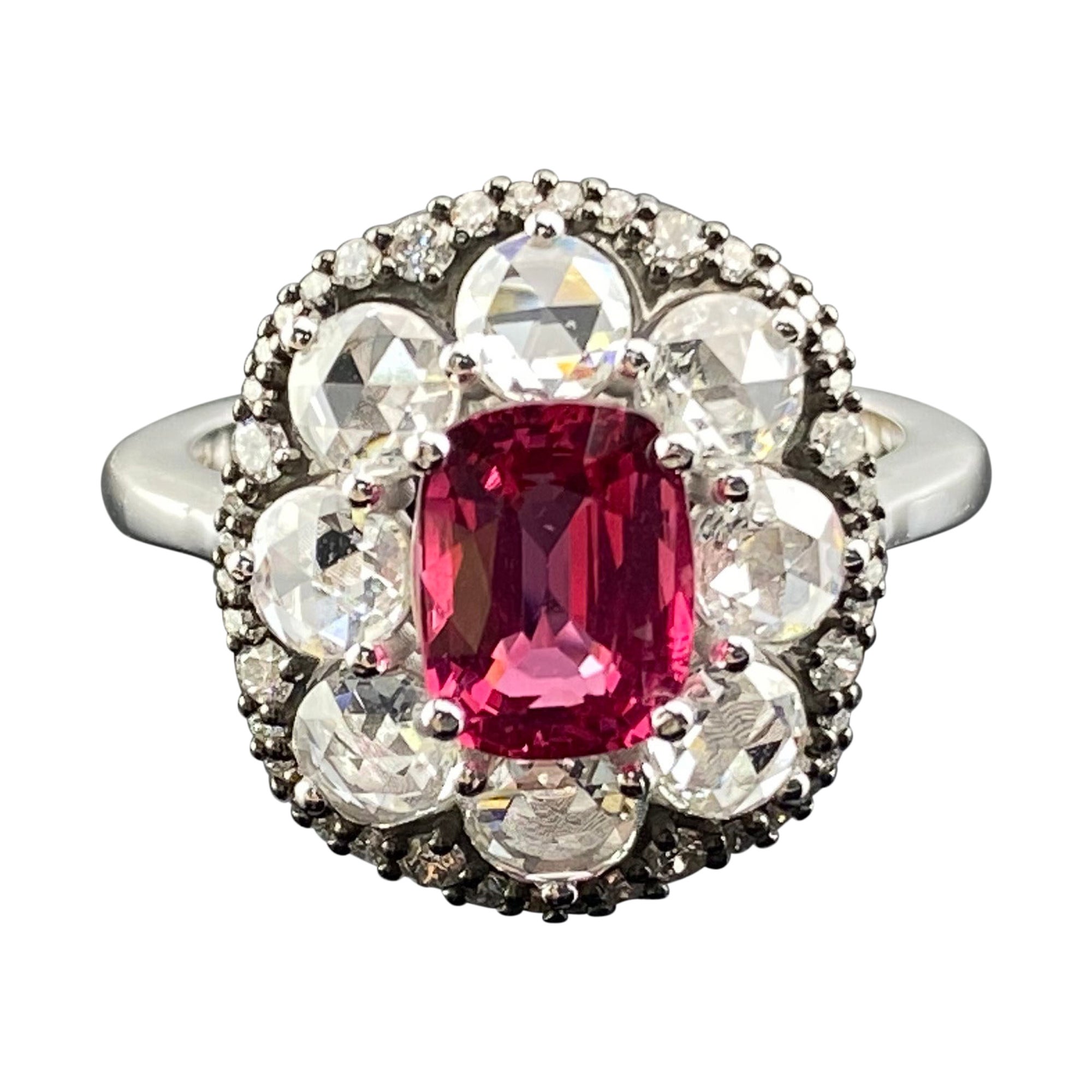 Art Deco Style Certified 1.53 Carat Spinel, Diamond and 18K Gold Engagement Ring For Sale