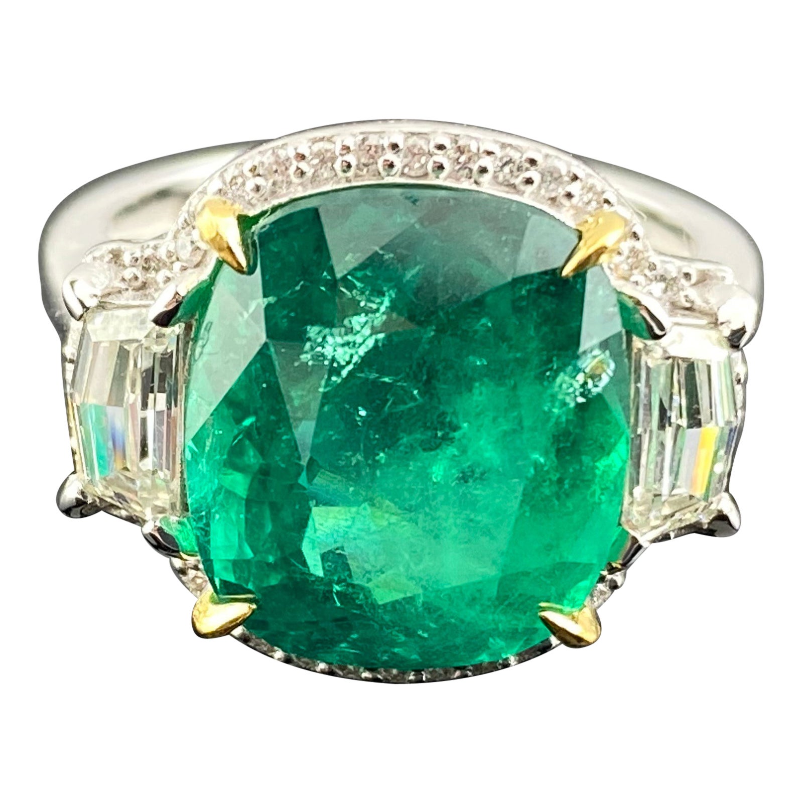 Certified 7.32 Carat Colombian Emerald and Diamond Three Stone Engagement Ring