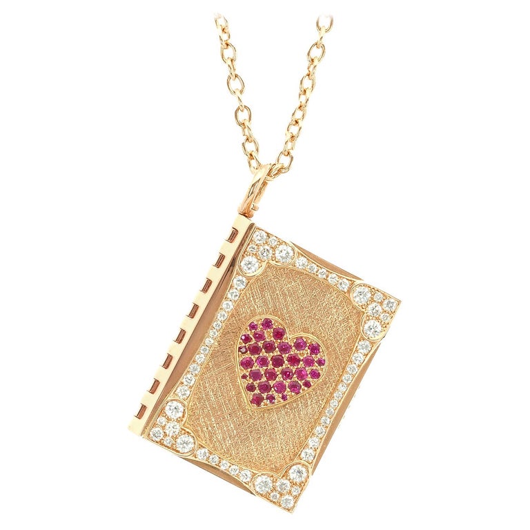 Taru Jewelry Book of Hearts Diamond Ruby Rose Gold Necklace For Sale at 1stDibs