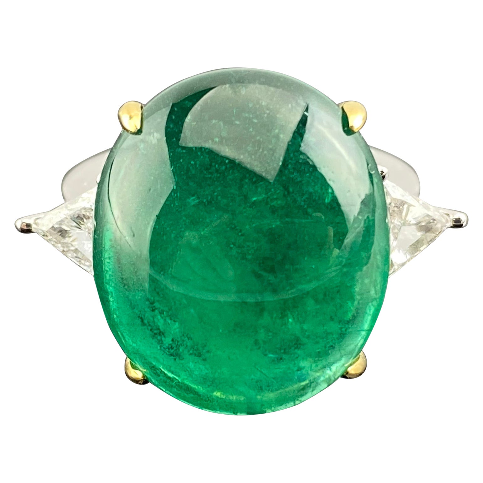 Certified 20.47 Carat Emerald Cabochon and Diamond Three Stone Engagement Ring