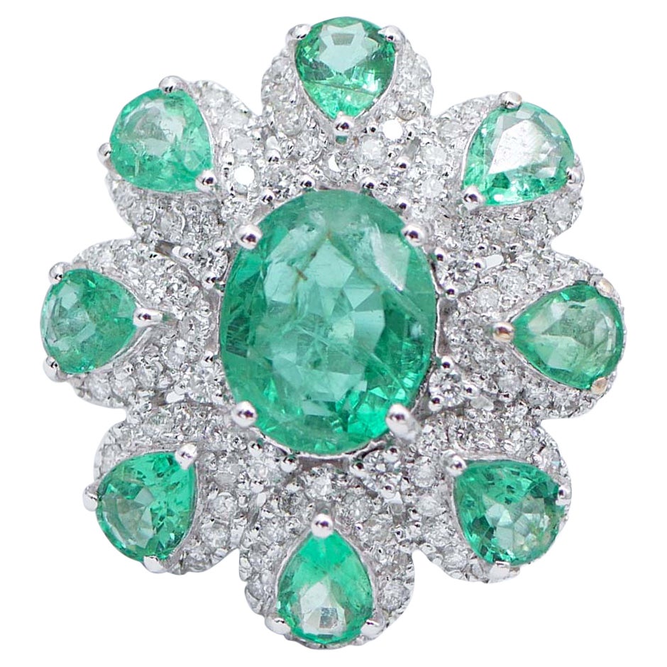 Emeralds, Diamonds, 18 Karat White Gold Flower Ring