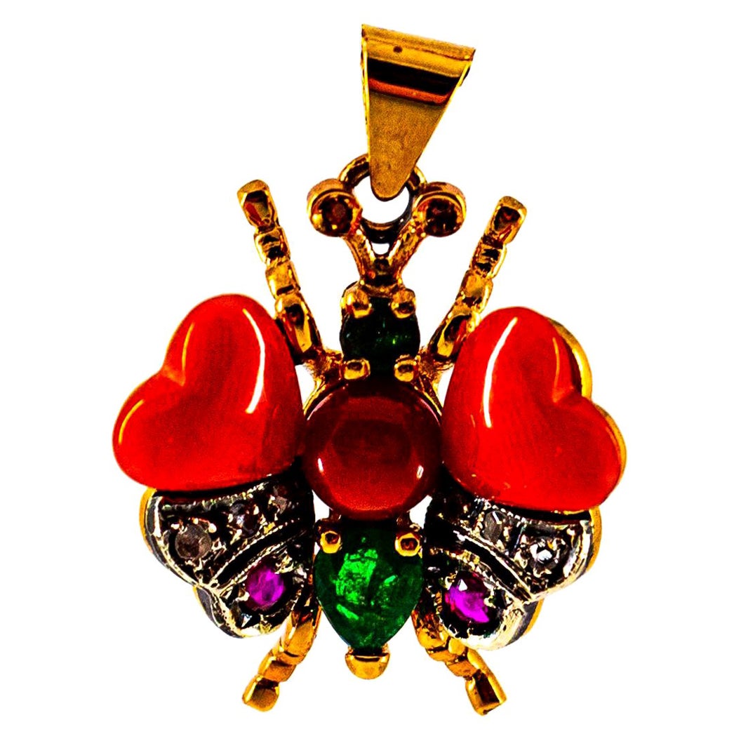 Mediterranean Red Coral White Diamond Ruby Emerald Yellow Gold Butterfly Pendant For Sale