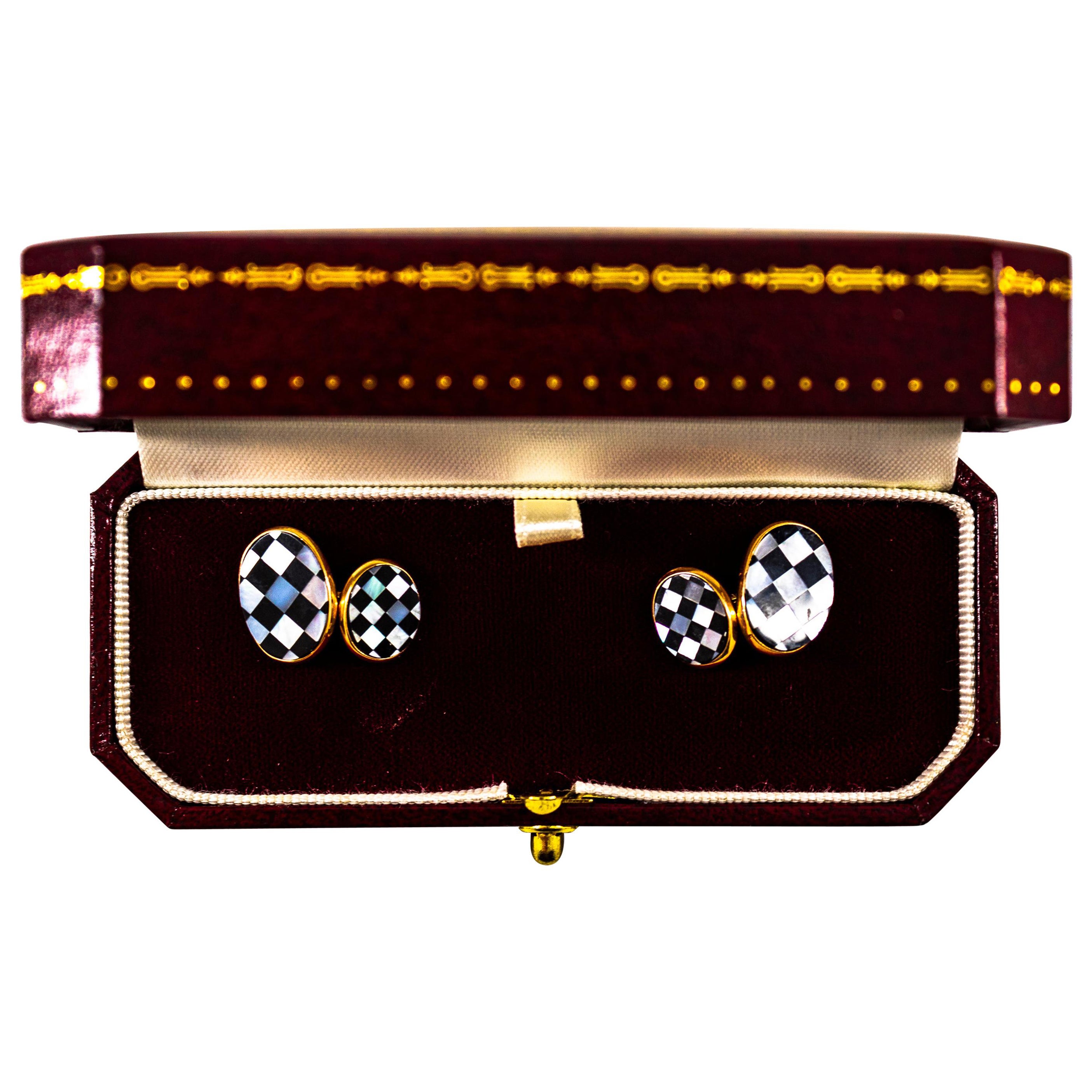 Art Deco Style Mother of Pearl Handcrafted Yellow Gold Cufflinks