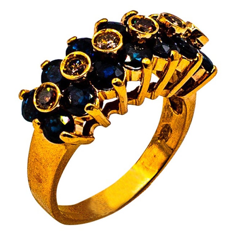 Art Deco Style 4.17 Carat Brown Diamond Blue Sapphire Yellow Gold Cocktail Ring For Sale