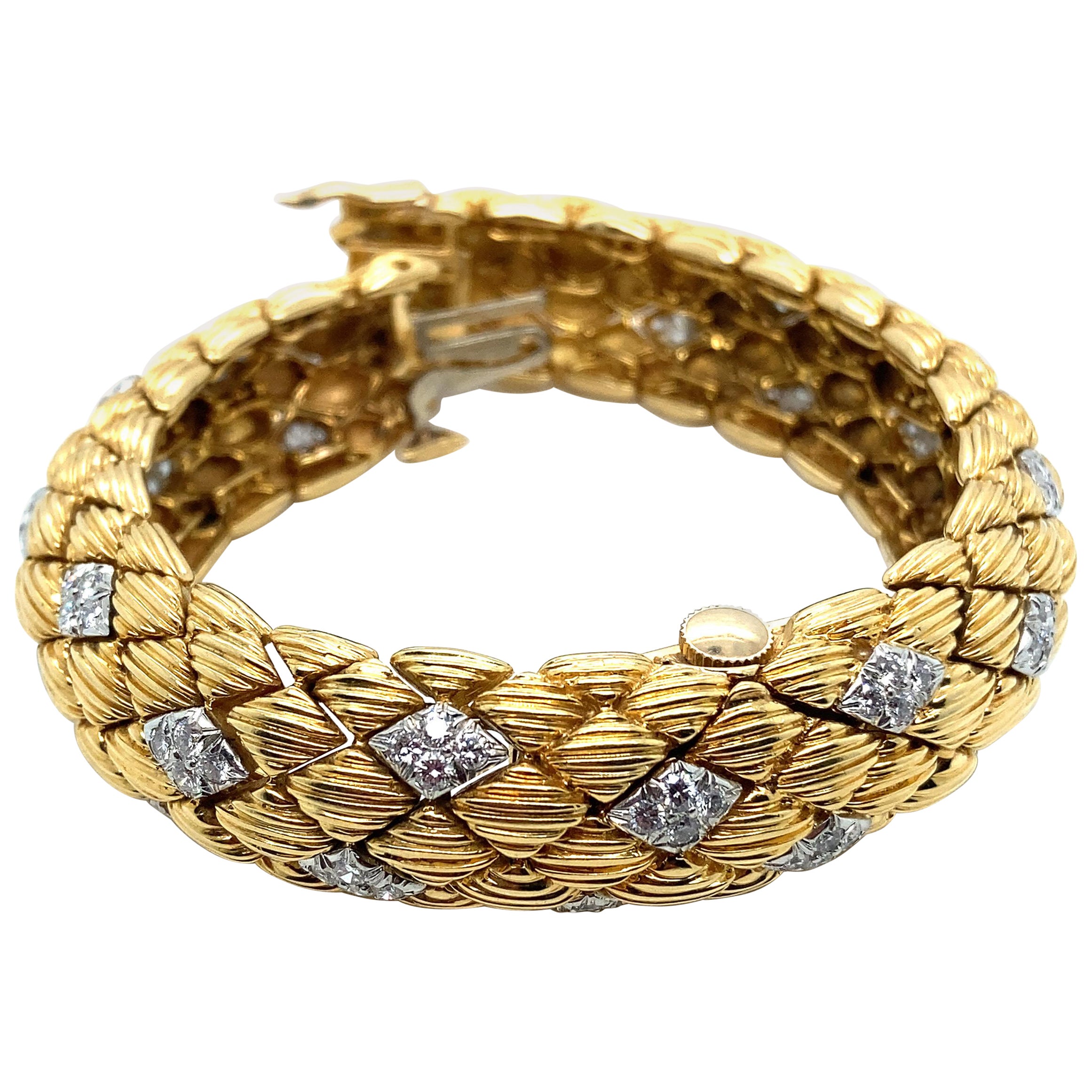 Vintage 18k Yellow Gold Bracelet with Diamonds and Peek-A Boo Swiss Geneva Watch For Sale