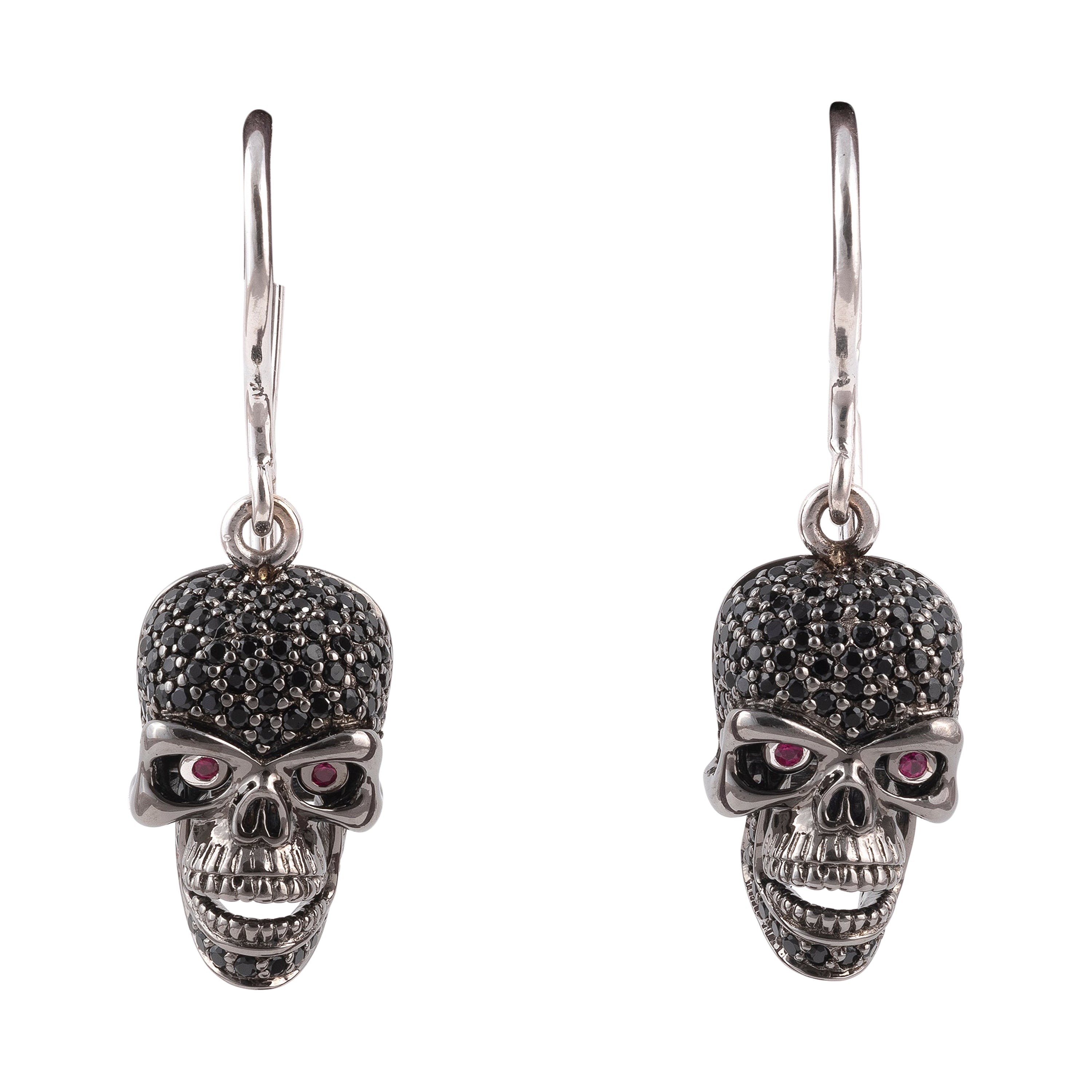 18ct White Gold Pave Set Black Diamond Skull Earrings with Rubies Eyes