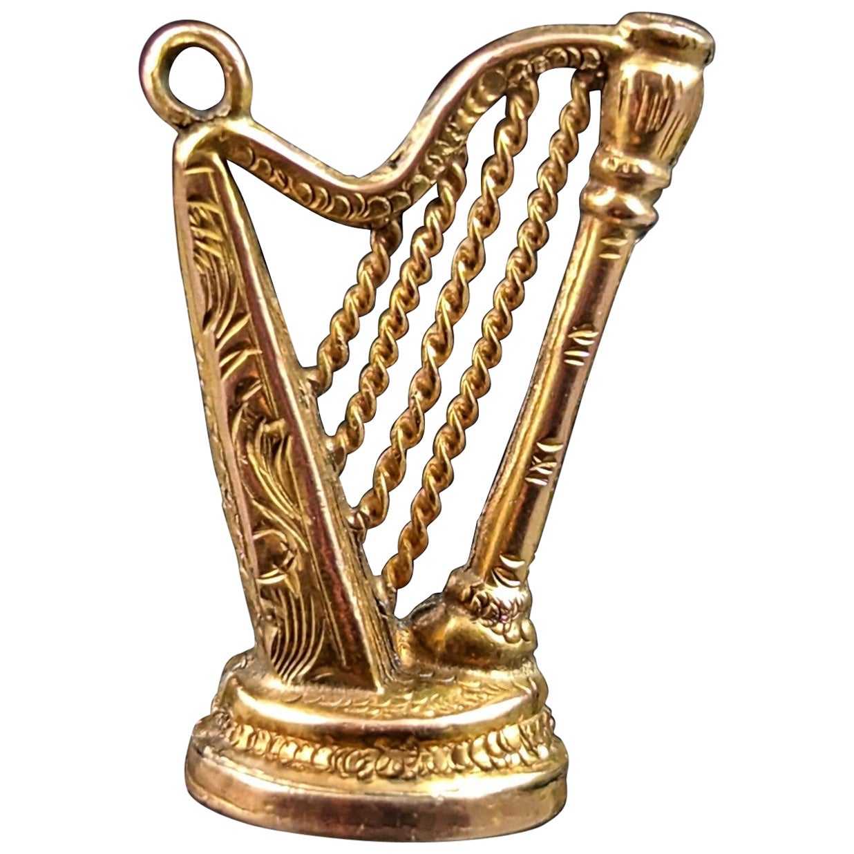 Antique 9k gold novelty seal fob pendant, harp, Bloodstone  For Sale