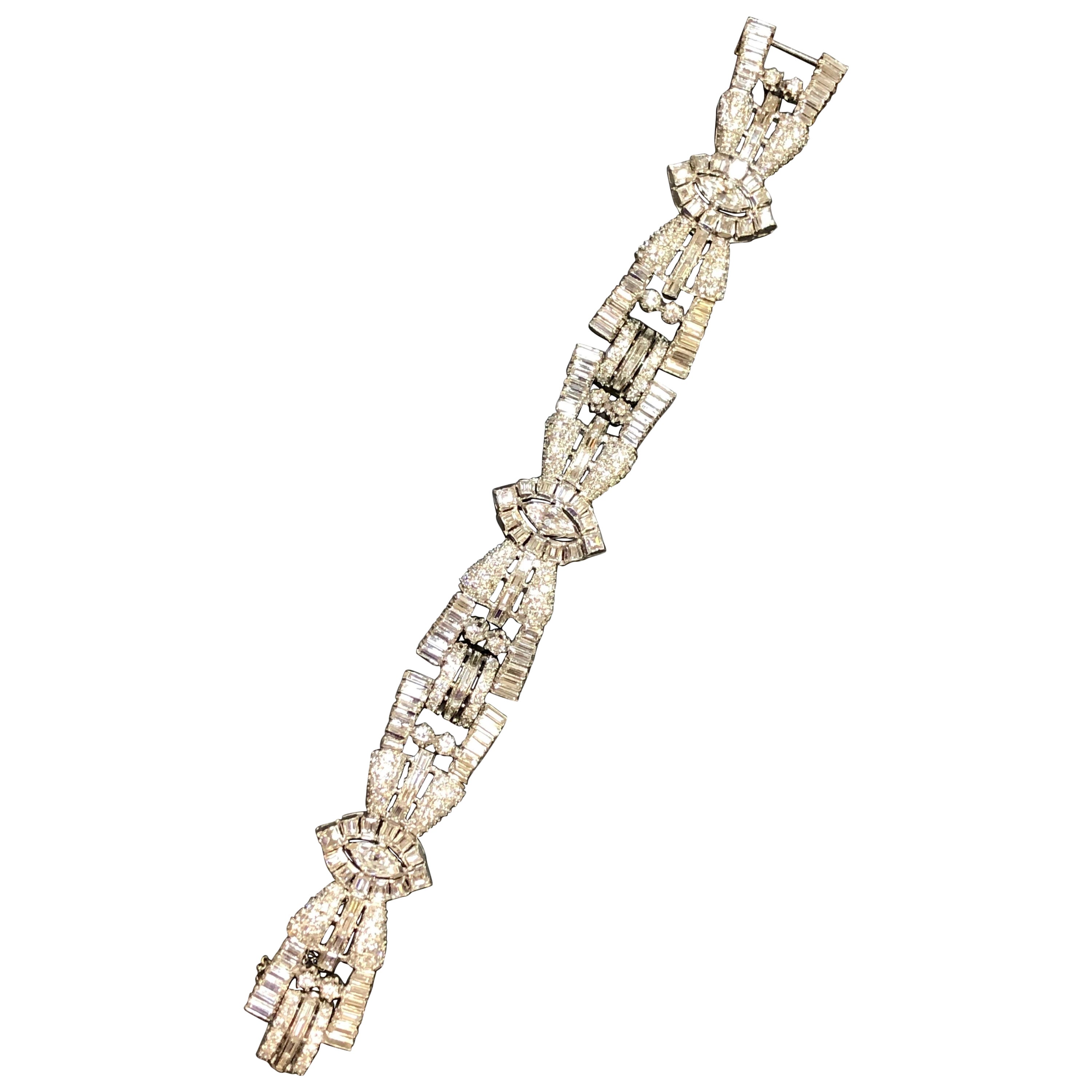 Vintage 1950’s Platinum Wide Marquise Baguette 15.60cttw Diamond Bracelet For Sale