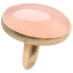 Pink Chalcedony Cabochon Cocktail Ring 14 Karat Yellow Gold, Brushed Gold