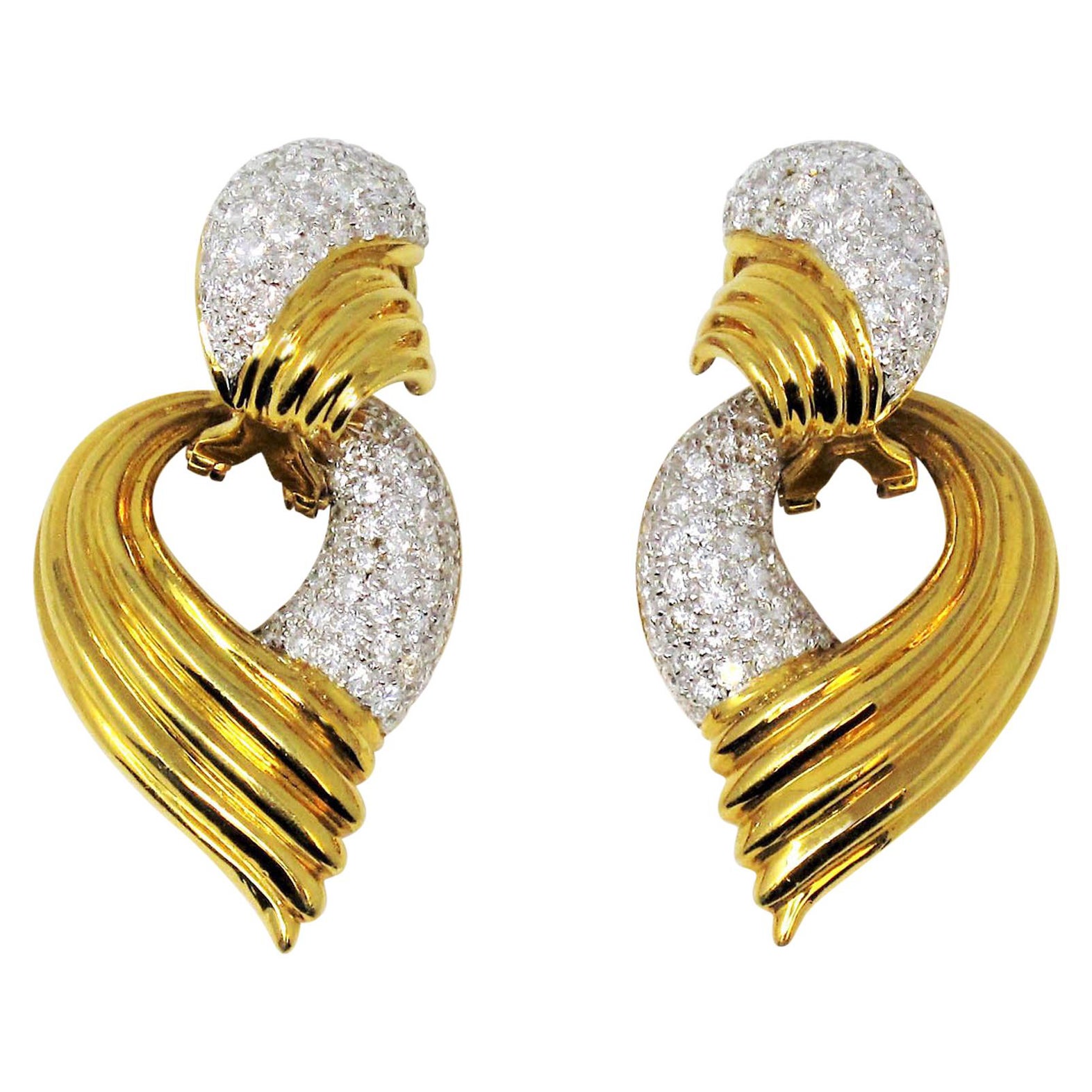 2.95 Carats Total Pave Diamond Door Knocker Non-Pierced Earrings 18K Yellow Gold For Sale