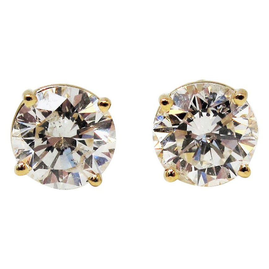 2.11 Carats Round Solitaire Natural Diamond Stud Earrings in Yellow Gold