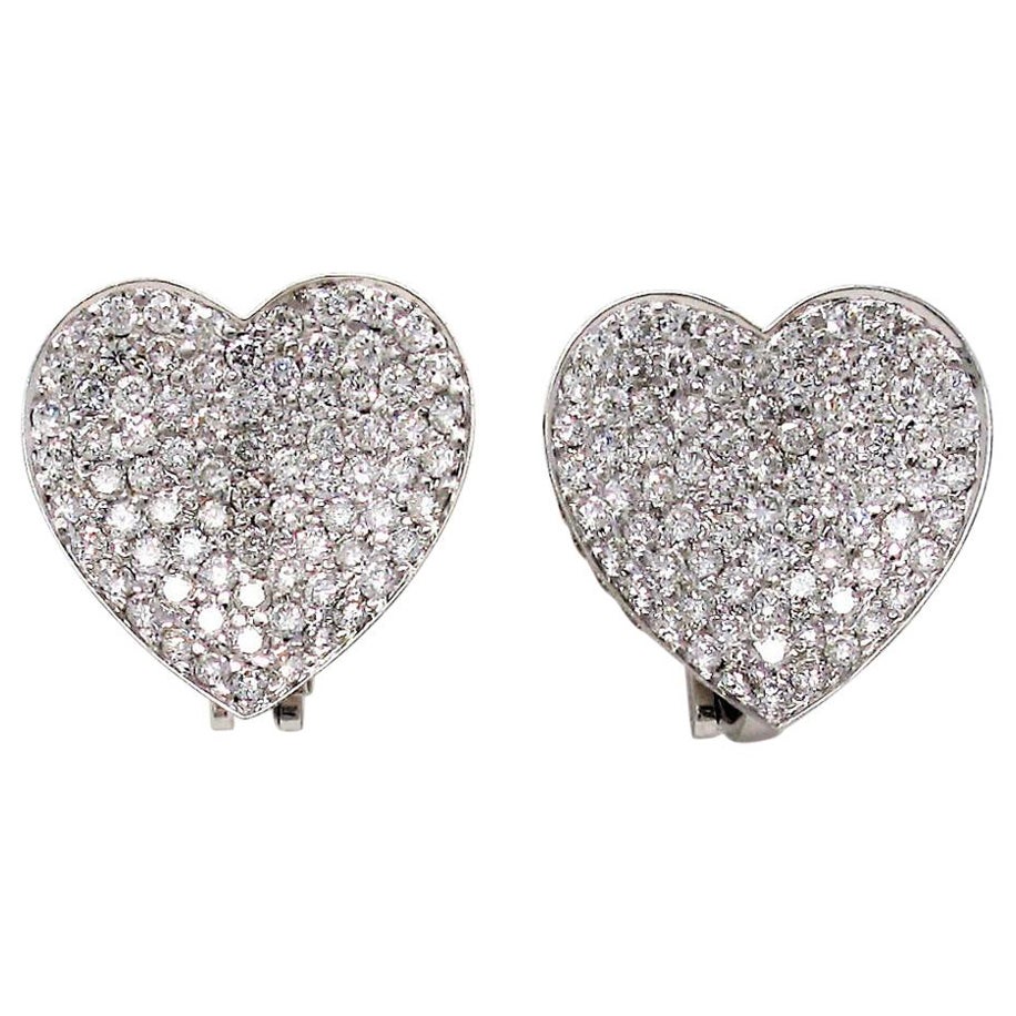 Extra Large Diamond Pave Concave Heart Shaped Earrings in 14 Karat White Gold For Sale