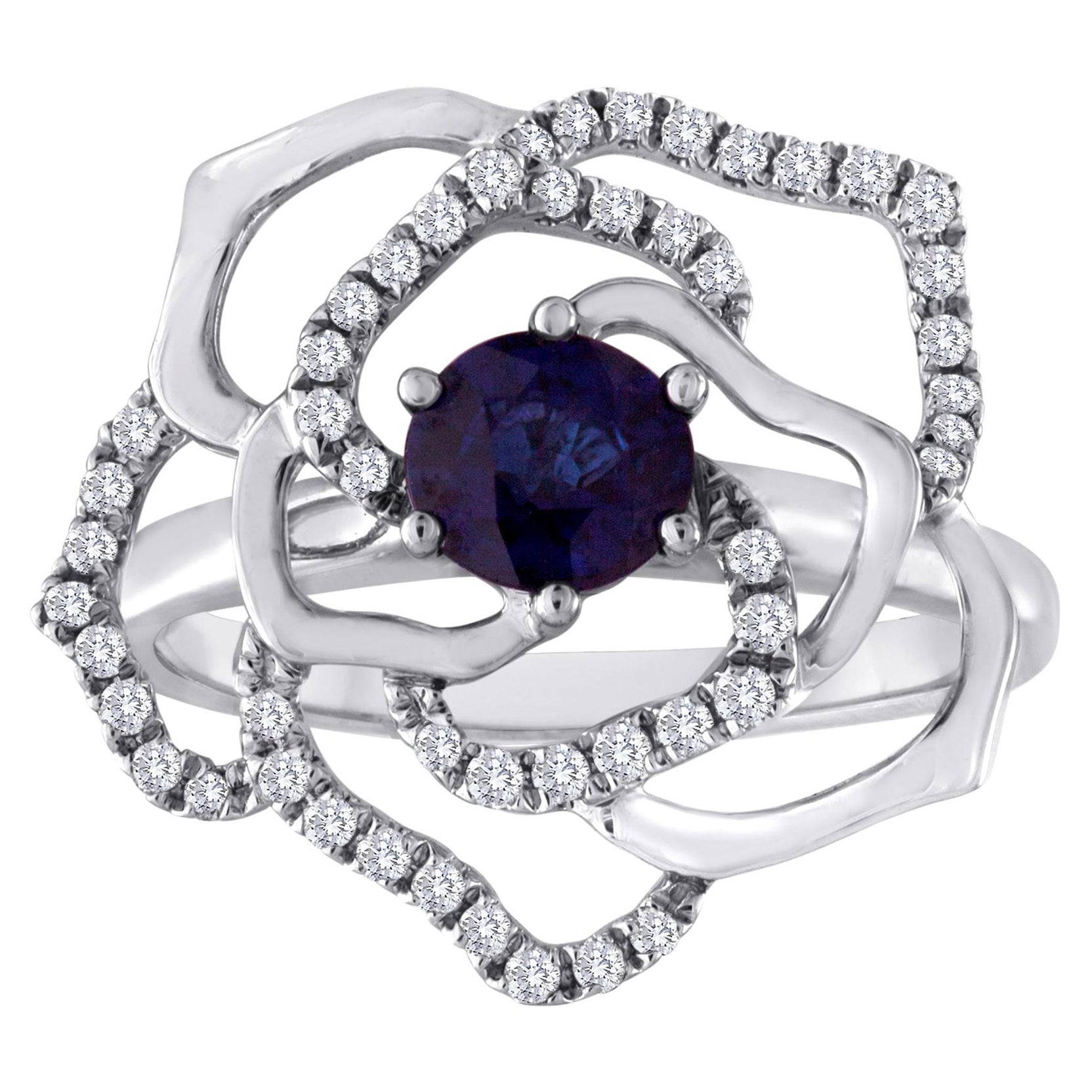 0.77 Carat Blue Sapphire Diamond Gold Flower Ring For Sale