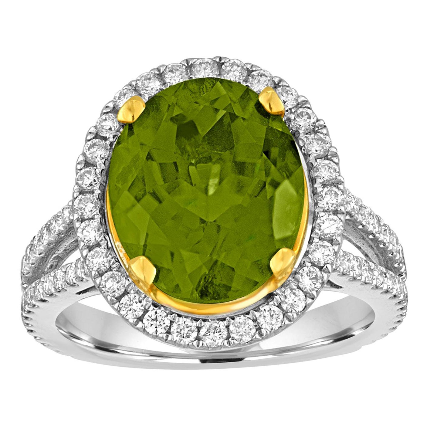 5.07 Carat Oval Peridot Diamond Gold Halo Ring For Sale