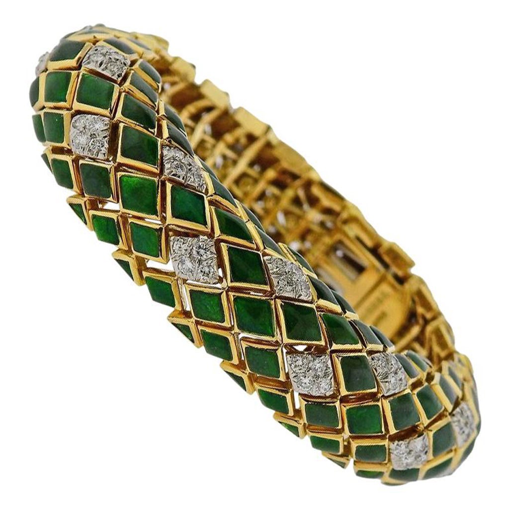 David Webb Green Enamel Diamond Gold Platinum Bracelet For Sale