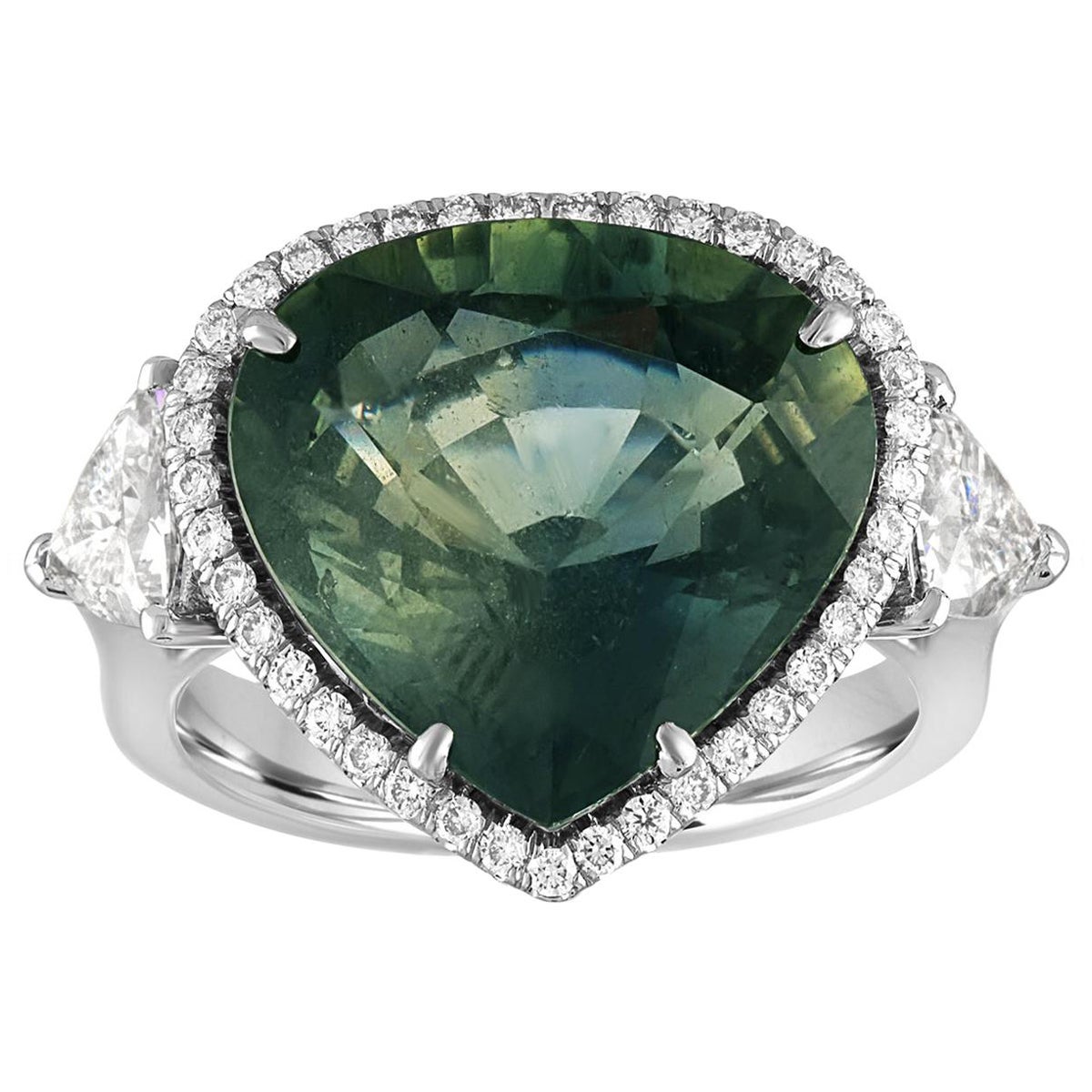 AGL Certified 11.61 Carat No Heat Bluish Green Sapphire Diamond Ring For Sale