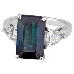Used Certified 7.48 Carat No Heat Greenish Blue Step Cut Sapphire Diamond Gold Ring
