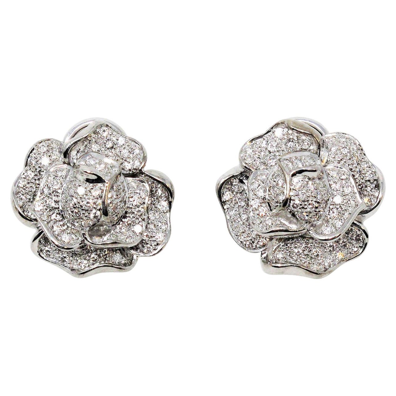 Diamond Pave Rose Flower 3D Pierced Earrings 18 Karat White Gold 1.53 Carats