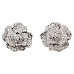 Vintage Diamond Pave Rose Flower 3D Pierced Earrings 18 Karat White Gold 1.53 Carats
