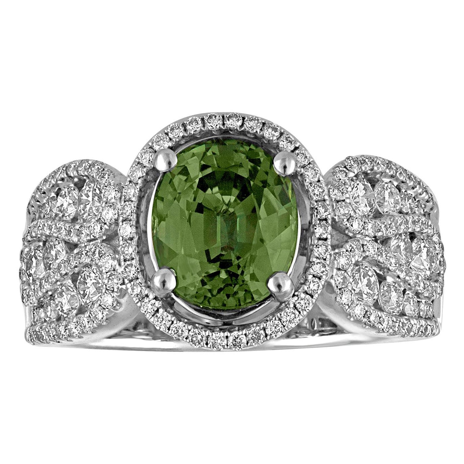 Bague en or avec saphir vert ovale certifié de 3,08 carats et diamants