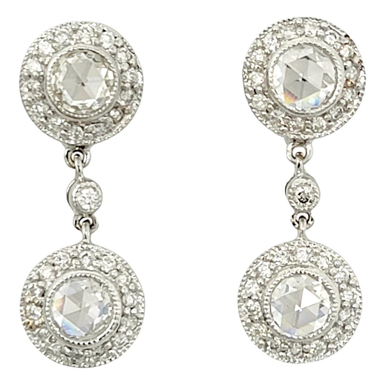 .96 Carats Total Round and Rose Cut Diamond Halo Dangle Earrings 14 Karat Gold For Sale