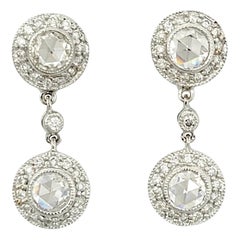 Vintage .96 Carats Total Round and Rose Cut Diamond Halo Dangle Earrings 14 Karat Gold