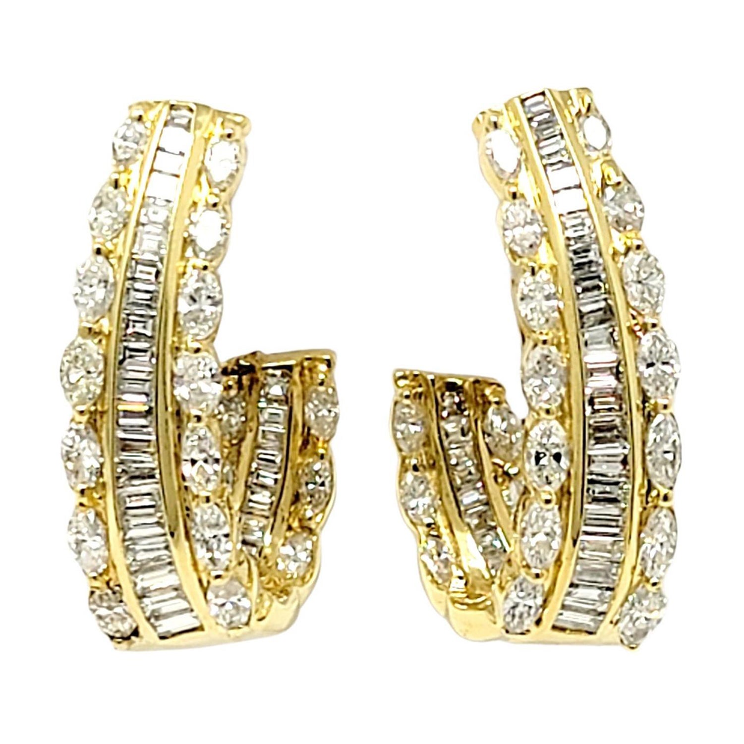 7.15 Carat Total Marquis and Baguette Pave Diamond Half Hoop Gold Earrings For Sale